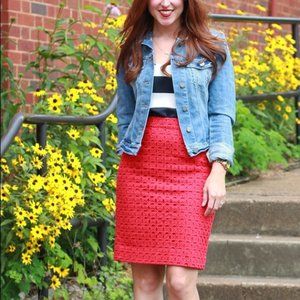 J Crew Ultra Eyelet No. 2 Pencil Skirt Red